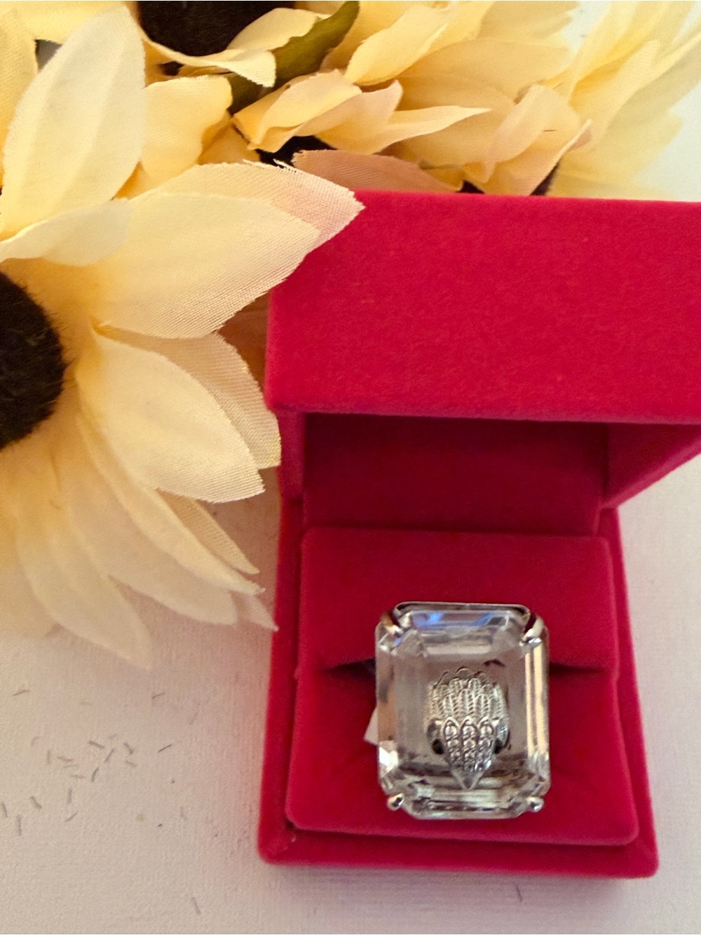 Kurt Geiger Signature Silver Clear Rectangular Crystal Cocktail Ring NEW Sz 9
